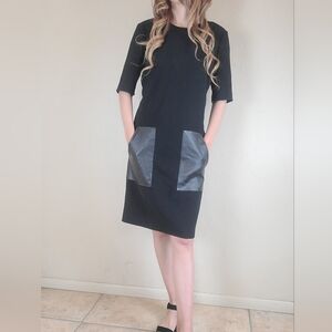 Polo Ralph Lauren Black Work Dress Size 12 Knee Length Leather Pocket Blue Label